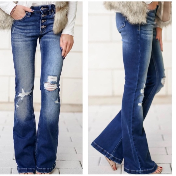 NWOT Kan Can Dark Wash Distressed Button Fly Flare Bell Bottom Denim Jean Petite - Picture 2 of 13